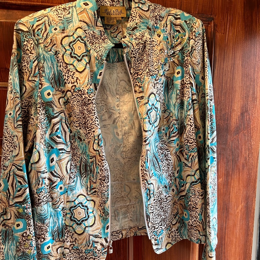 Peck & Peck turquoise and leopard pattern jacket.